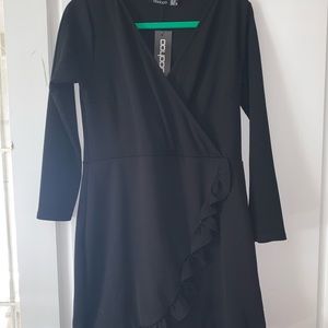 Built in wrap cocktail dress with ruffle trim